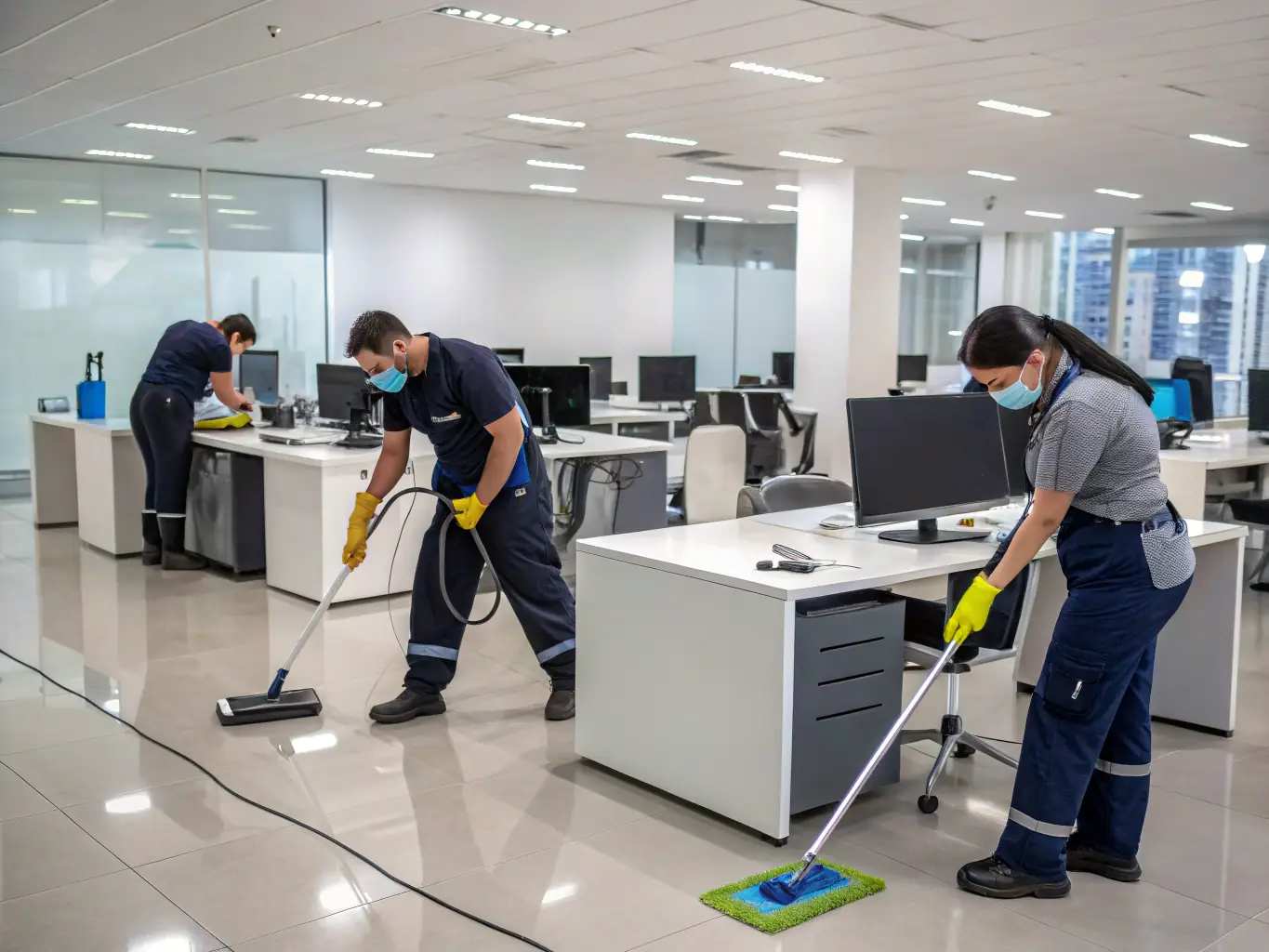 A team of cleaners sanitizing an office workspace with cleaning equipment, illustrating Maviclean's commercial cleaning service.