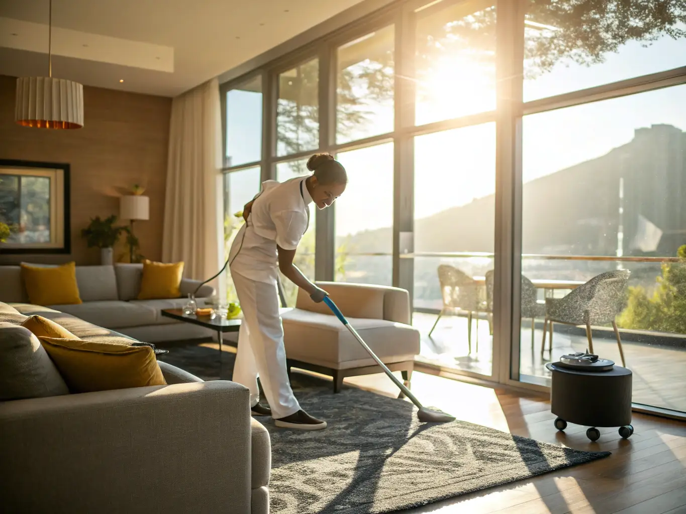 A professional cleaner vacuuming a modern living room with sunlight streaming through the windows, showcasing Maviclean's home cleaning service.