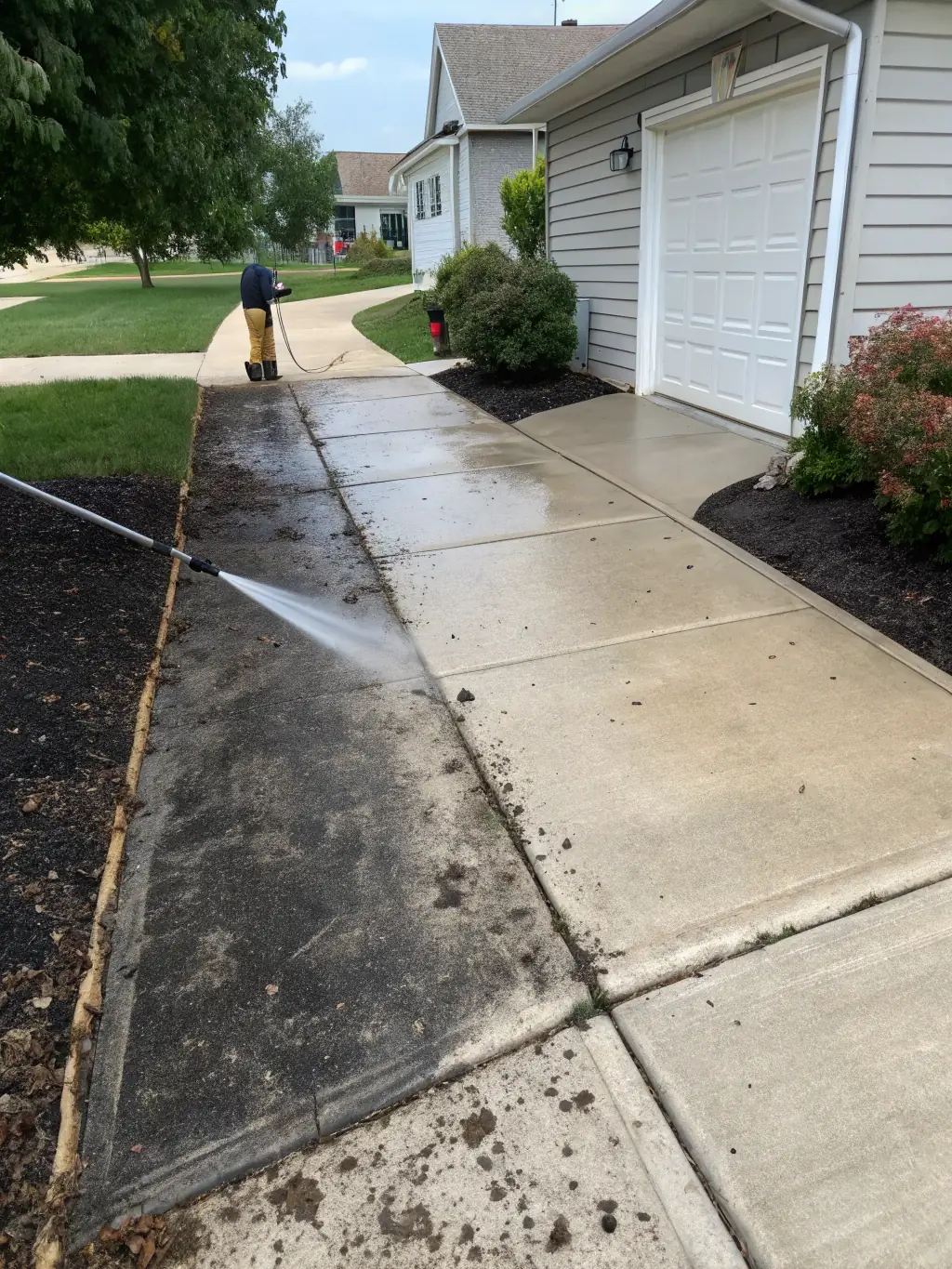Before-and-after shot of a driveway, showing the dramatic difference after Maviclean's power washing service removes dirt and grime.