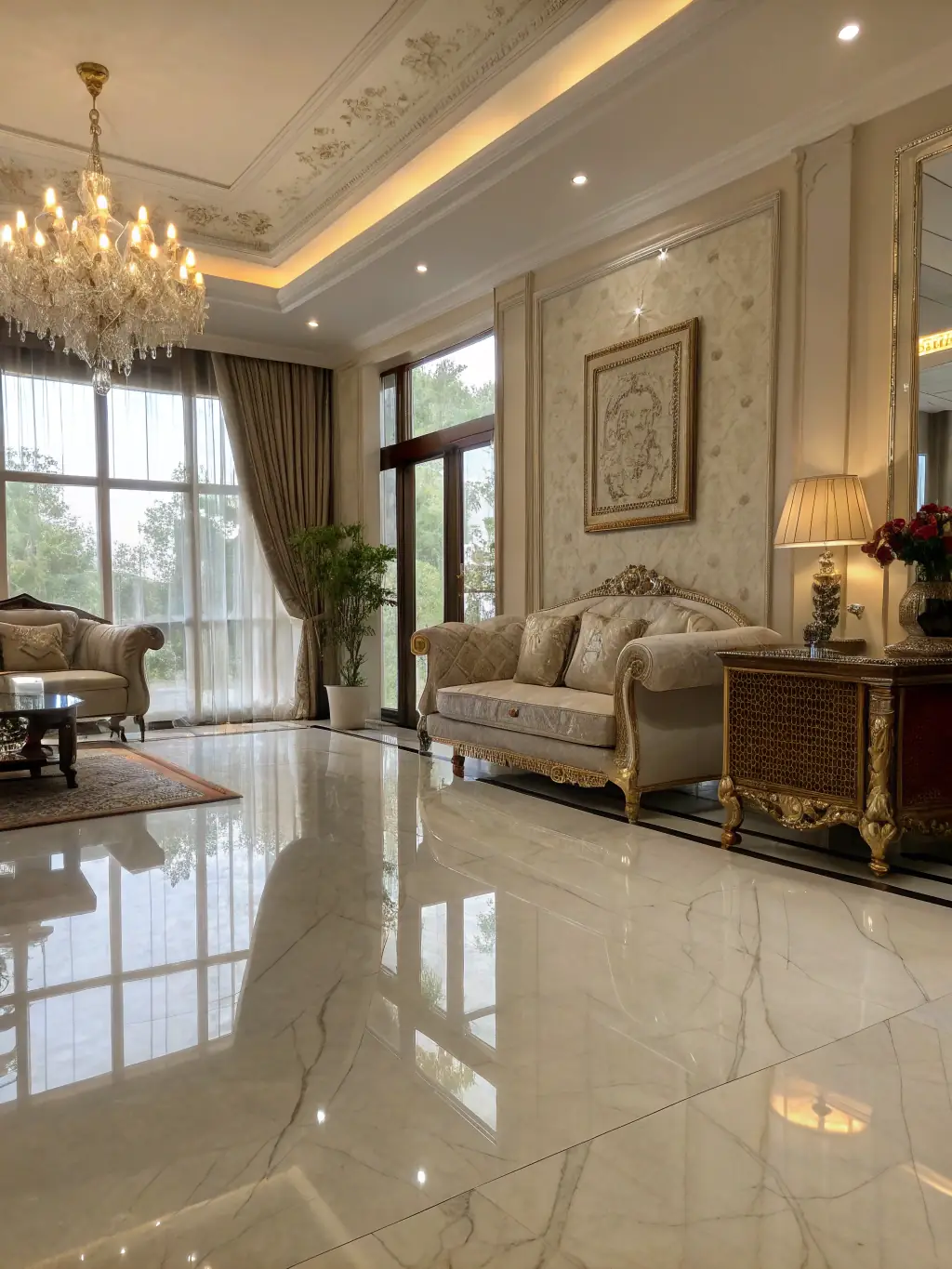 A brightly lit, spotless living room showcasing the results of Maviclean's home cleaning service, with gleaming surfaces and organized decor.